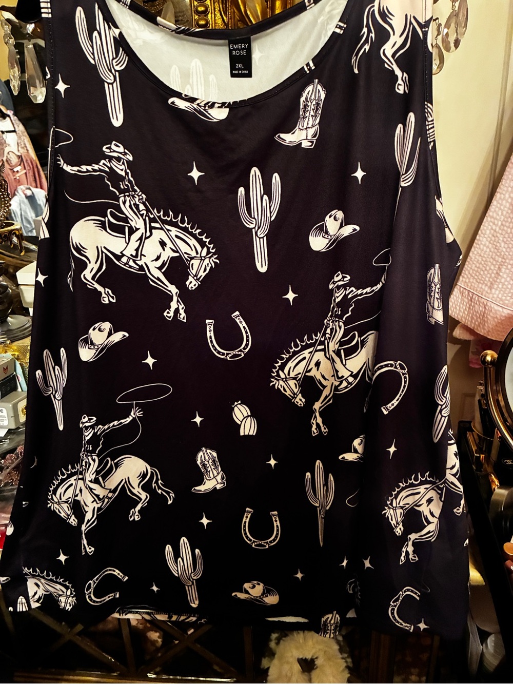 Emery Rose 2X Western-Print Tank Top Cowboys, Cactus, Boots, Hats & Horseshoes
